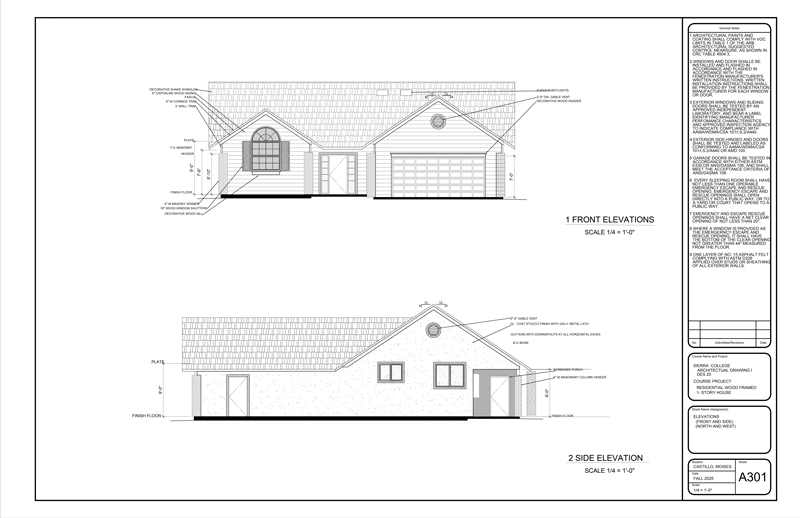 Front and Side Elevation, including the top plate designation,finish floor visual, and slope.